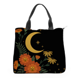 Calendula Tote Bag — angled view of moon and marigold print