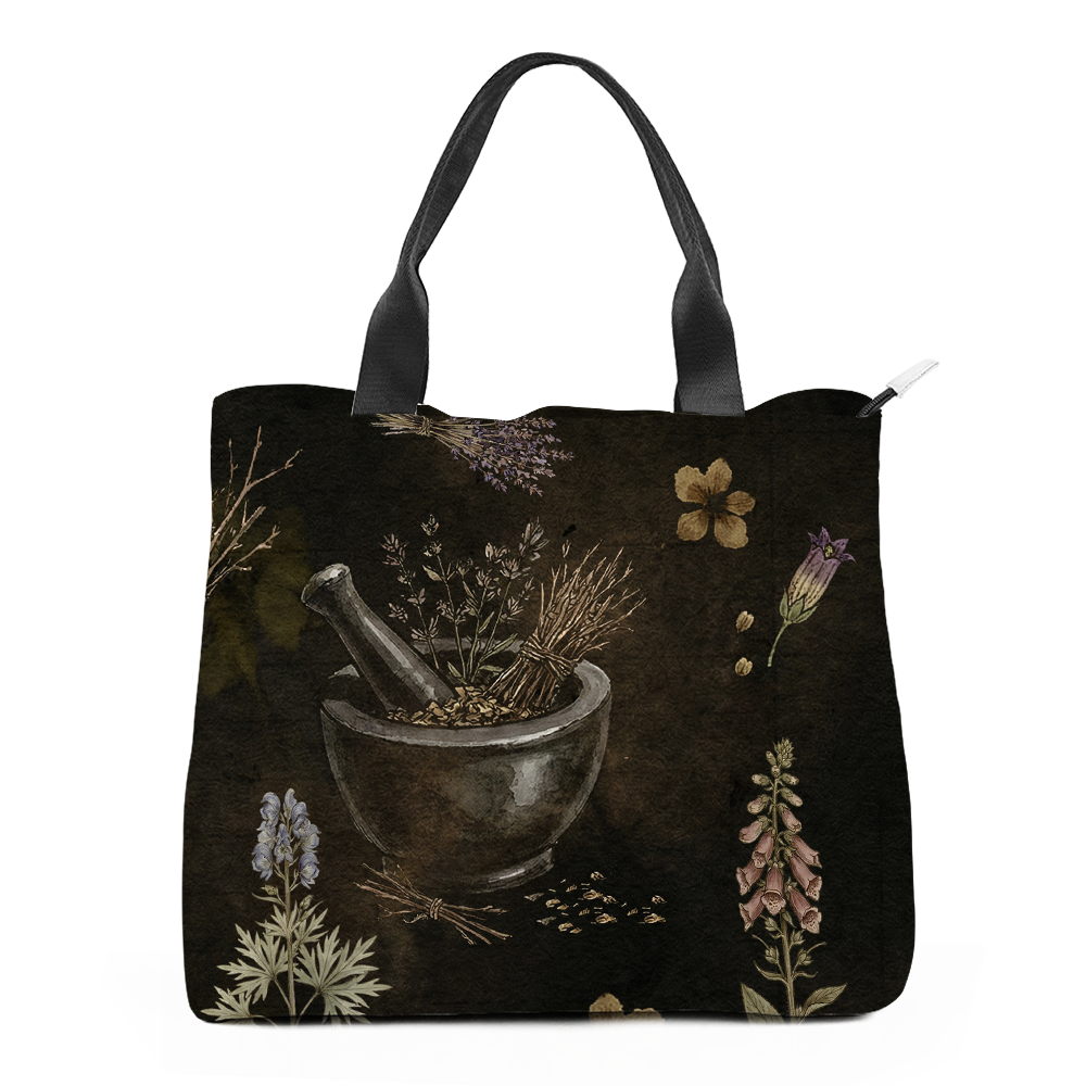 Belladonna Tote Bag — angled view of botanical apothecary print