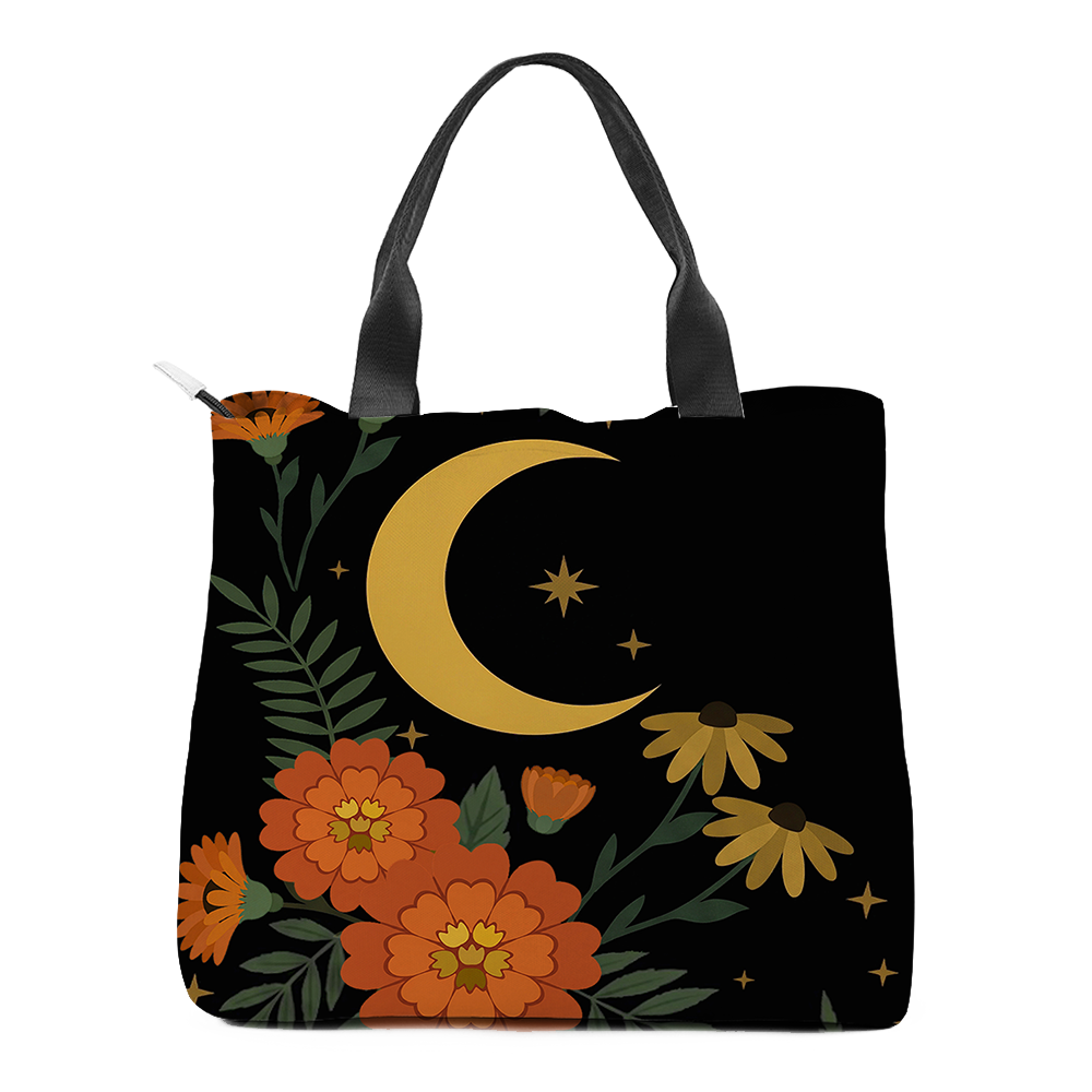 Calendula Tote Bag — detail of marigold blooms and crescent moon