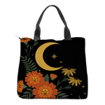 Calendula Tote Bag — detail of marigold blooms and crescent moon