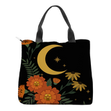 Calendula Tote Bag — detail of marigold blooms and crescent moon