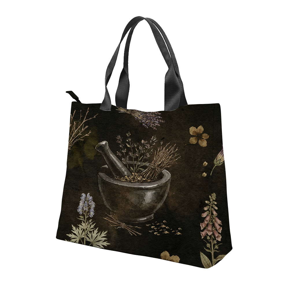 Belladonna Tote Bag — back view of mortar pestle herbal print