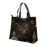 Belladonna Tote Bag — back view of mortar pestle herbal print
