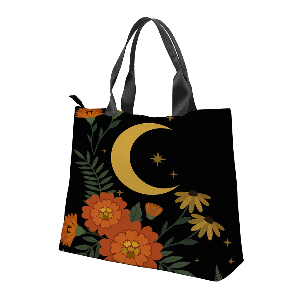 Calendula Tote Bag — full view of bold marigold and moon illustration