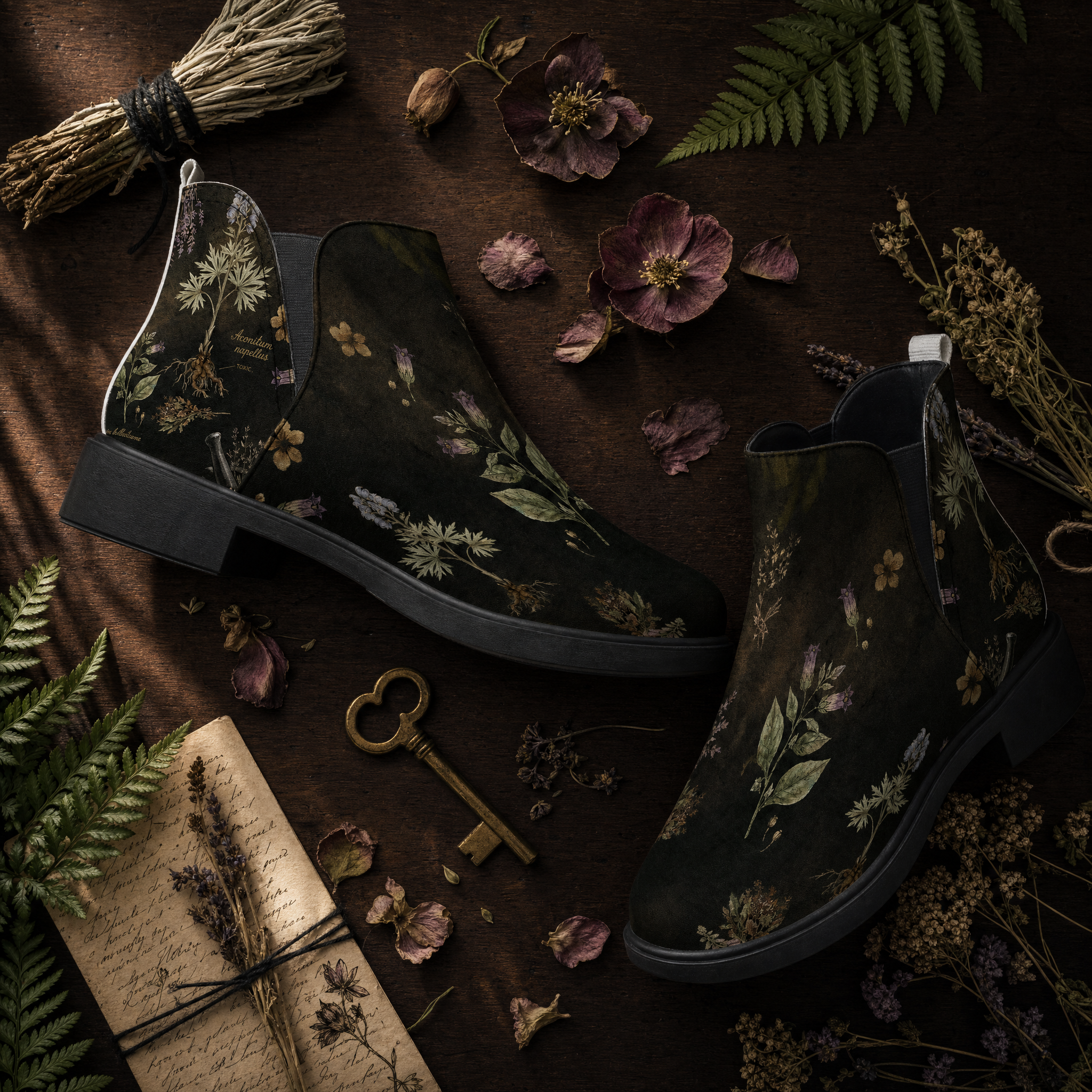 Belladonna Chelsea Boots - dark botanical flat lay with hellebore and ferns