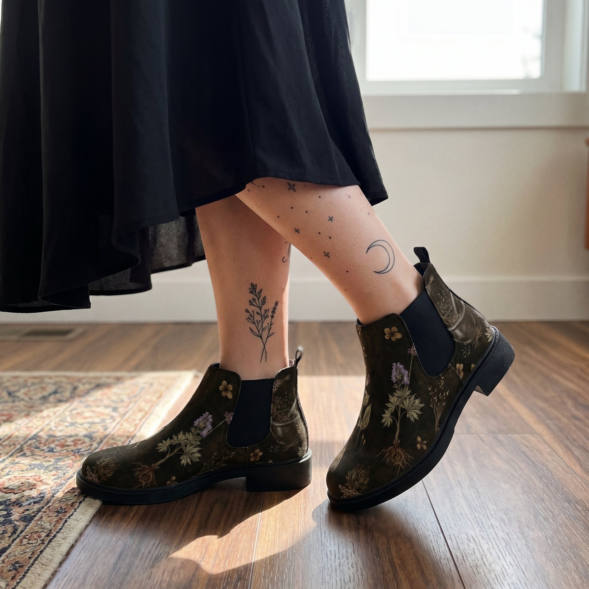Belladonna Chelsea Boots worn with black skirt indoor lifestyle