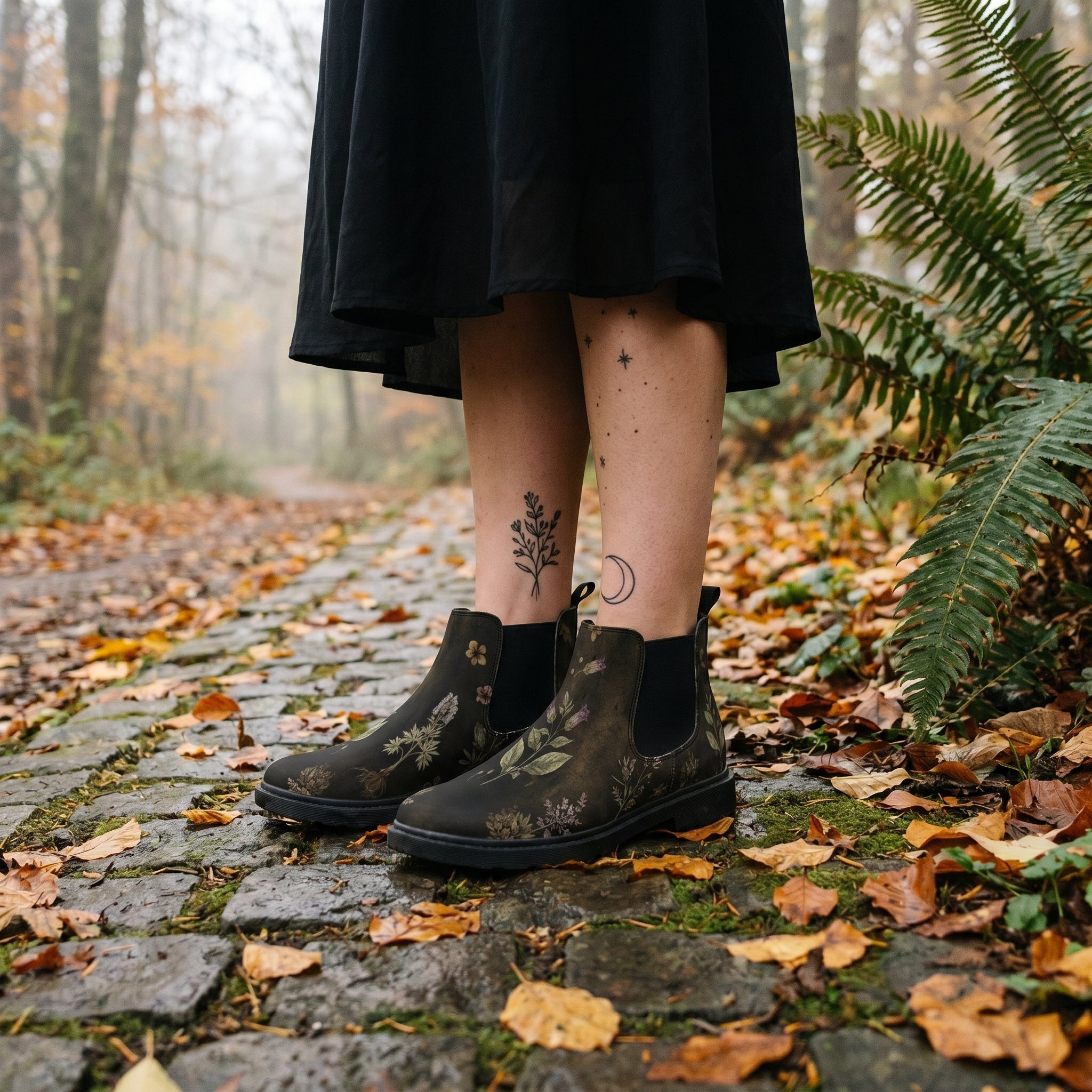 Belladonna Chelsea Boots on cobblestone autumn forest path