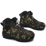 Belladonna Hiking Boots — apothecary botanical print on dark moss green, 3/4 view