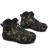 Belladonna Hiking Boots — apothecary botanical print on dark moss green, 3/4 view