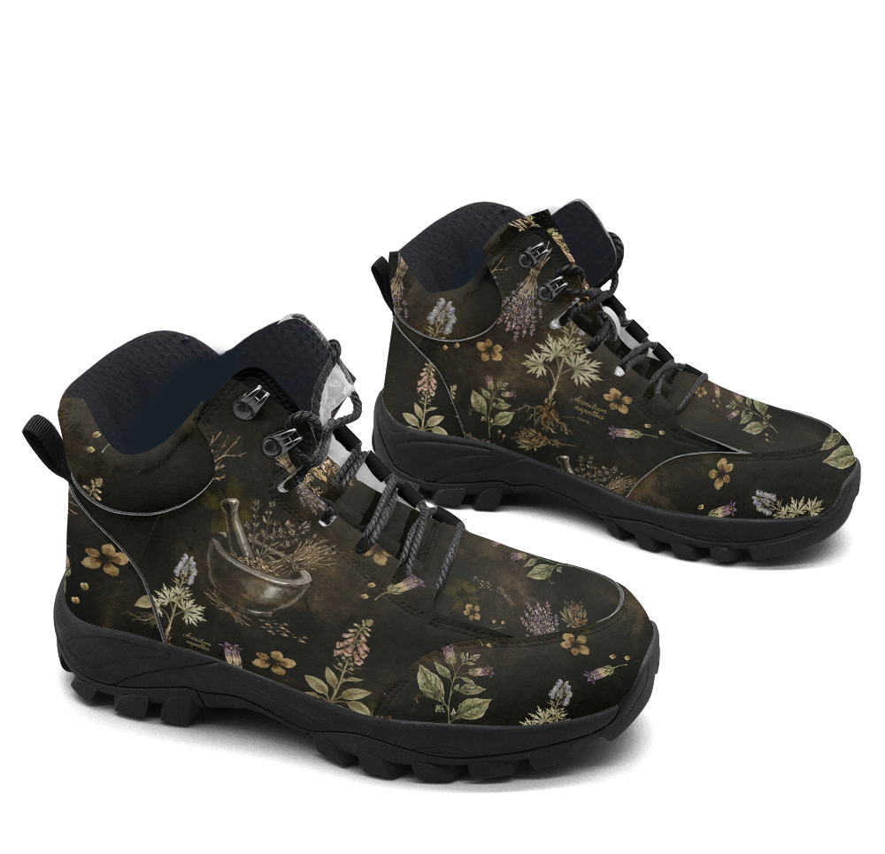 Belladonna Hiking Boots — apothecary botanical print on dark moss green, 3/4 view