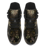 Belladonna Hiking Boots — apothecary botanical print on dark moss green, angled pair view