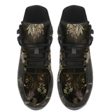 Belladonna Hiking Boots — apothecary botanical print on dark moss green, angled pair view
