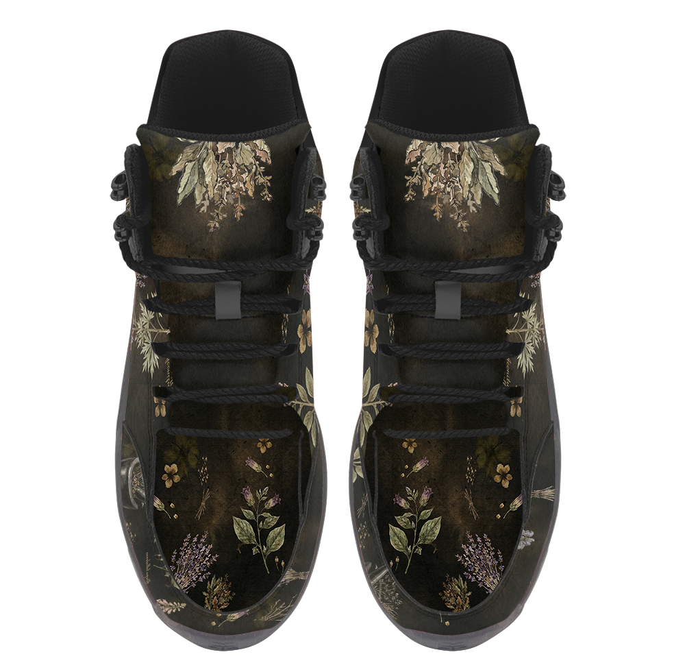 Belladonna Hiking Boots — apothecary botanical print on dark moss green, angled pair view