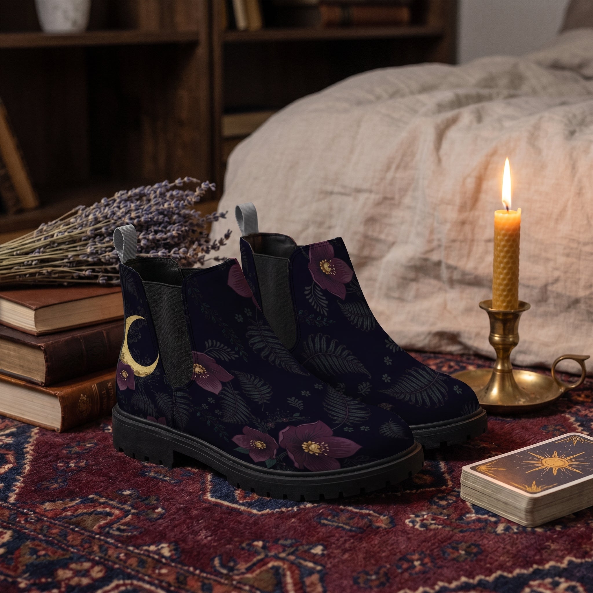 Vespertine Chelsea Boots — altar scene with candle, tarot card, lavender and Persian rug