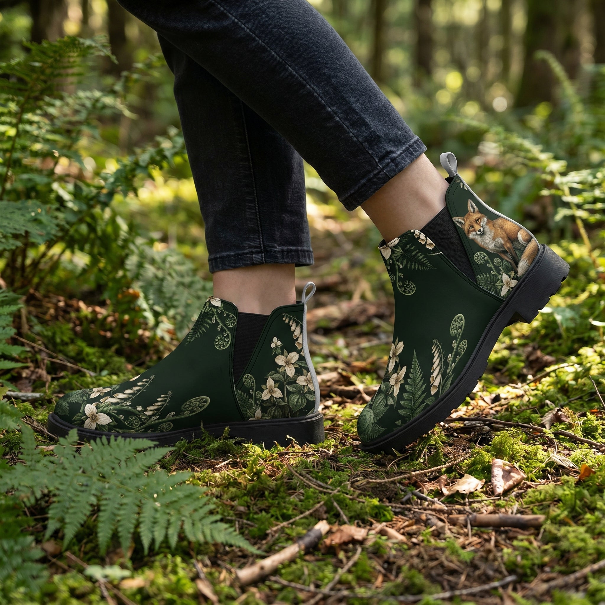 Vulpina Chelsea Boots — lifestyle worn in forest with ferns