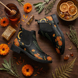 Calendula Chelsea Boots - marigold flat lay with honey honeycomb herbs amber