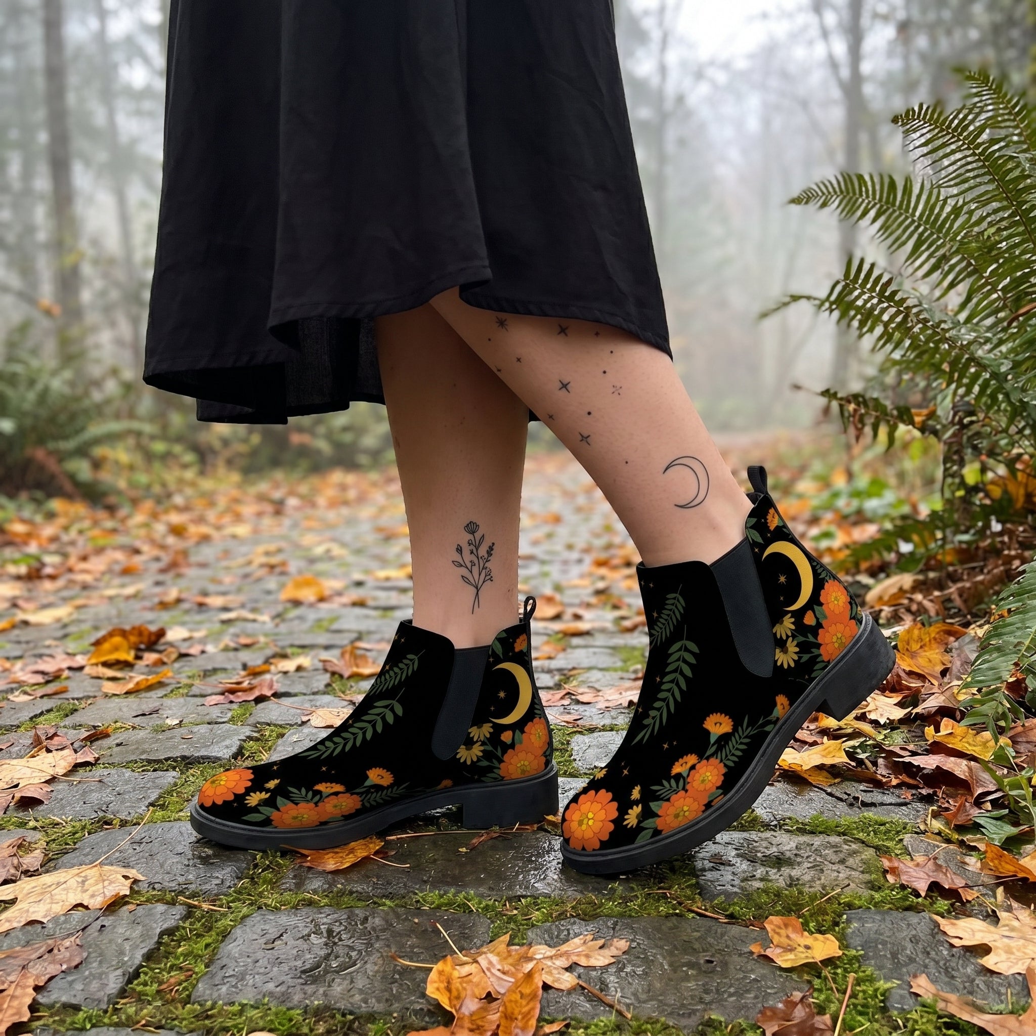 Calendula Chelsea Boots on cobblestone autumn forest path