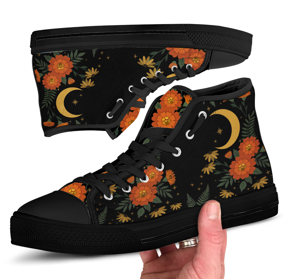 Calendula High Tops — folk-art orange marigolds, golden daisies, and a crescent moon on black — black sole pair