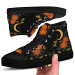 Calendula High Tops — folk-art orange marigolds, golden daisies, and a crescent moon on black — black sole pair