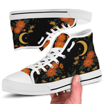 Calendula High Tops — folk-art orange marigolds, golden daisies, and a crescent moon on black — white sole pair