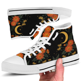 Calendula High Tops — folk-art orange marigolds, golden daisies, and a crescent moon on black — white sole pair
