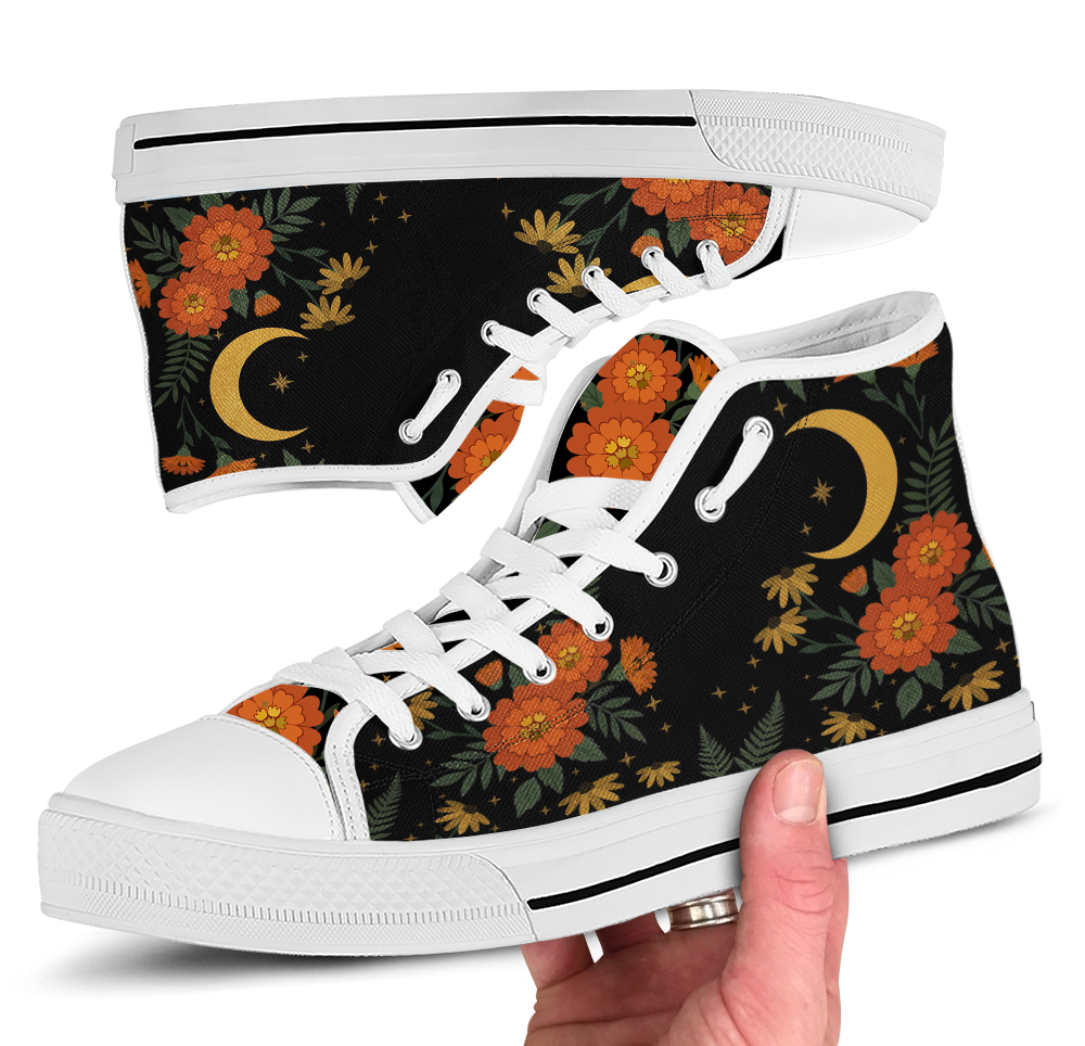 Calendula High Tops — folk-art orange marigolds, golden daisies, and a crescent moon on black — white sole pair