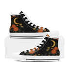 Calendula High Tops — folk-art orange marigolds, golden daisies, and a crescent moon on black — white sole detail