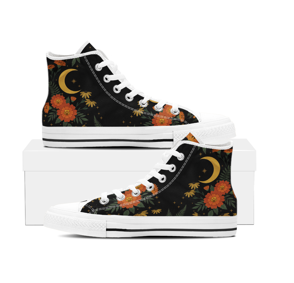 Calendula High Tops — folk-art orange marigolds, golden daisies, and a crescent moon on black — white sole detail