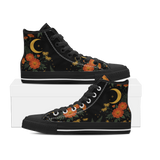 Calendula High Tops — folk-art orange marigolds, golden daisies, and a crescent moon on black — black sole detail