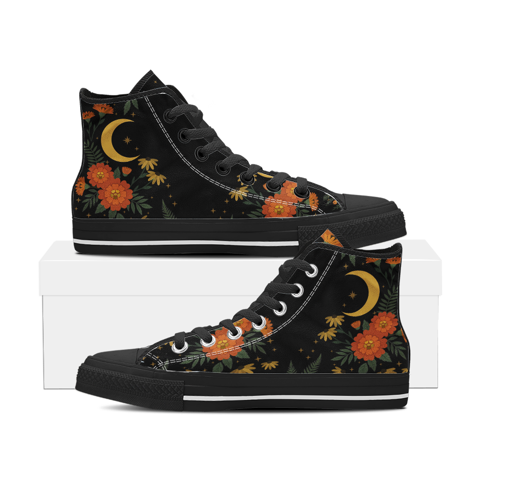 Calendula High Tops — folk-art orange marigolds, golden daisies, and a crescent moon on black — black sole detail