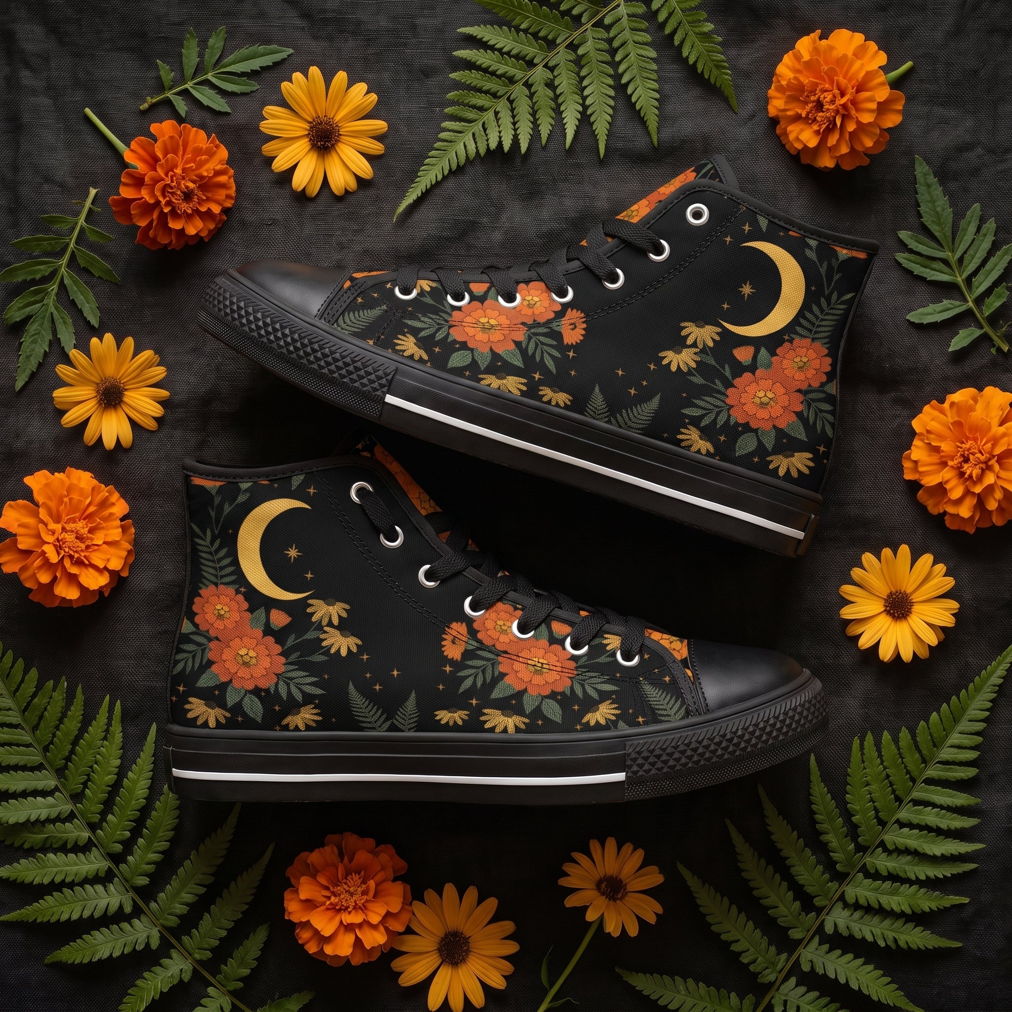 Calendula High Tops — folk-art orange marigolds, golden daisies, and a crescent moon on black — flat lay with candle and dried roses