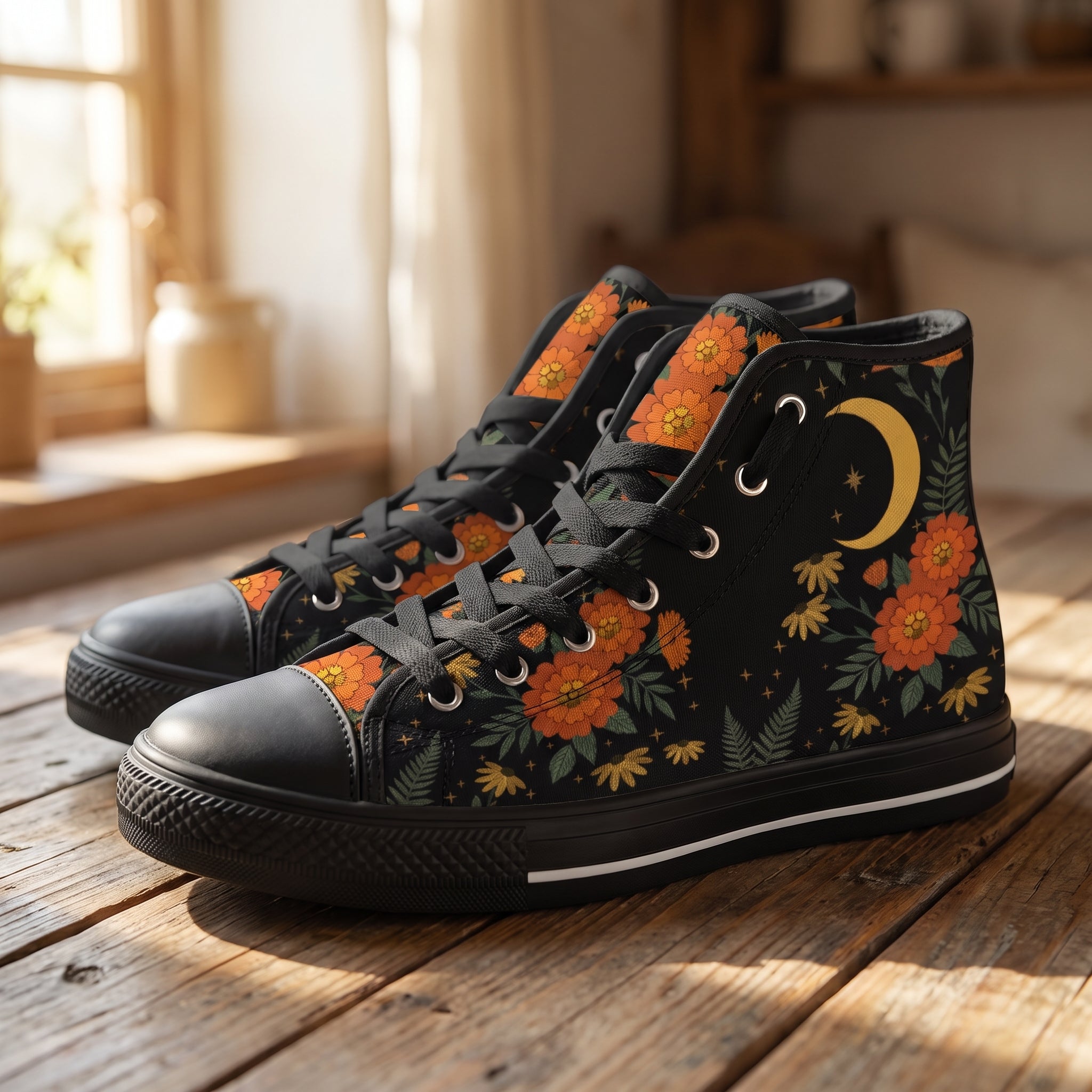 Calendula High Tops — folk-art orange marigolds, golden daisies, and a crescent moon on black — on wood floor