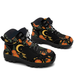 Calendula Hiking Boots — orange marigold and gold crescent moon print on black, 3/4 view