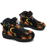 Calendula Hiking Boots — orange marigold and gold crescent moon print on black, 3/4 view