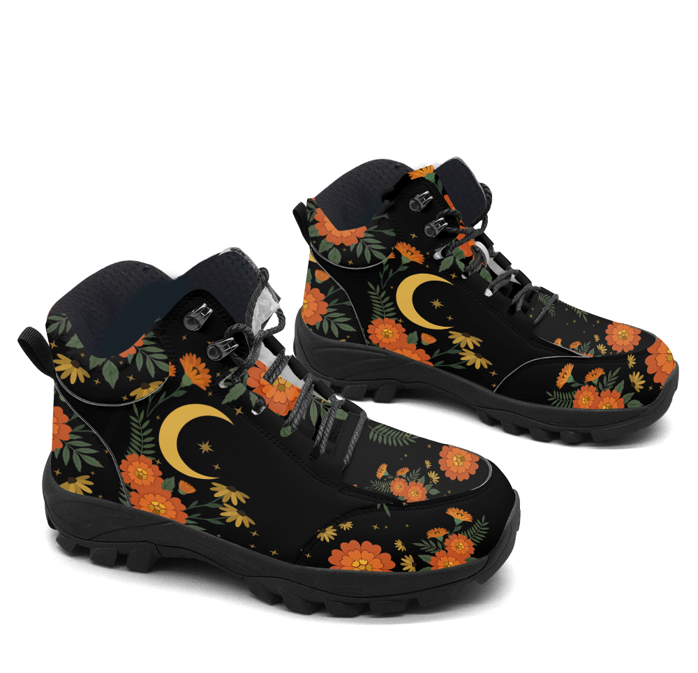 Calendula Hiking Boots — orange marigold and gold crescent moon print on black, 3/4 view