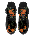 Calendula Hiking Boots — orange marigold and gold crescent moon print on black, angled pair view