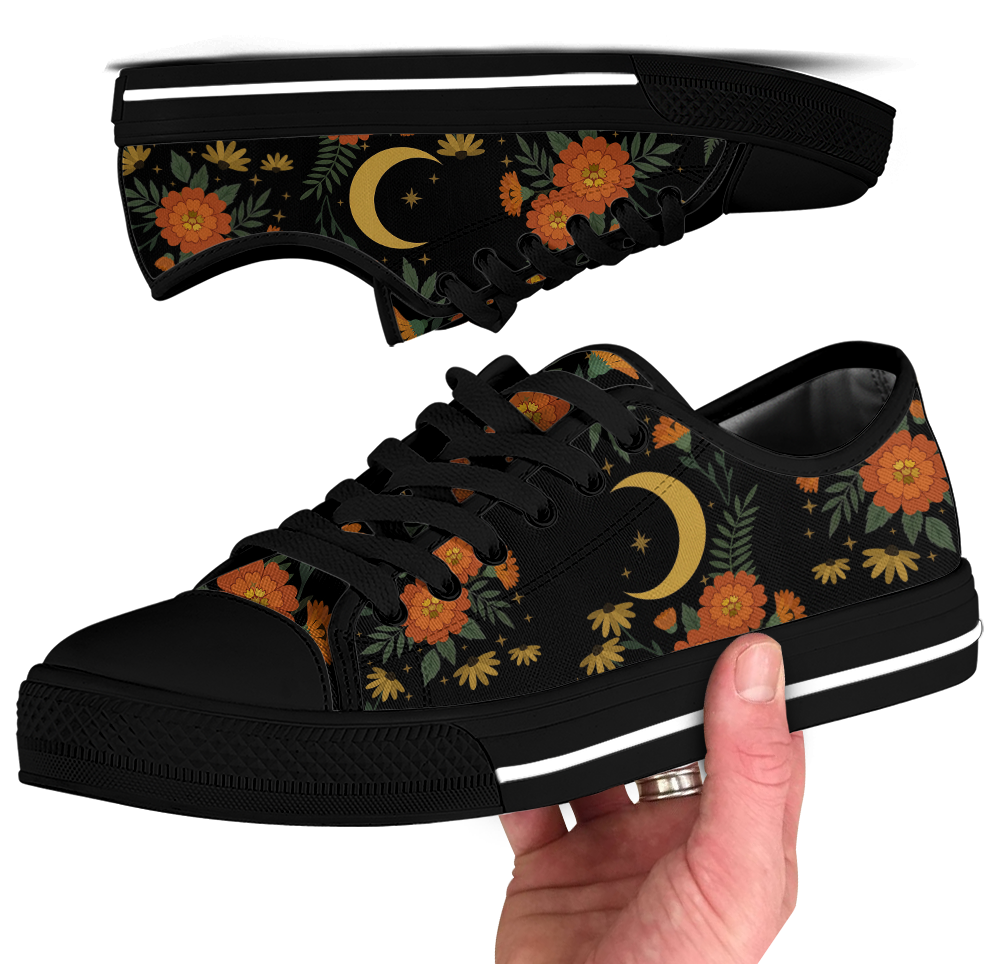 Calendula Low Tops - folk-art orange marigolds and daisies with crescent moon on black