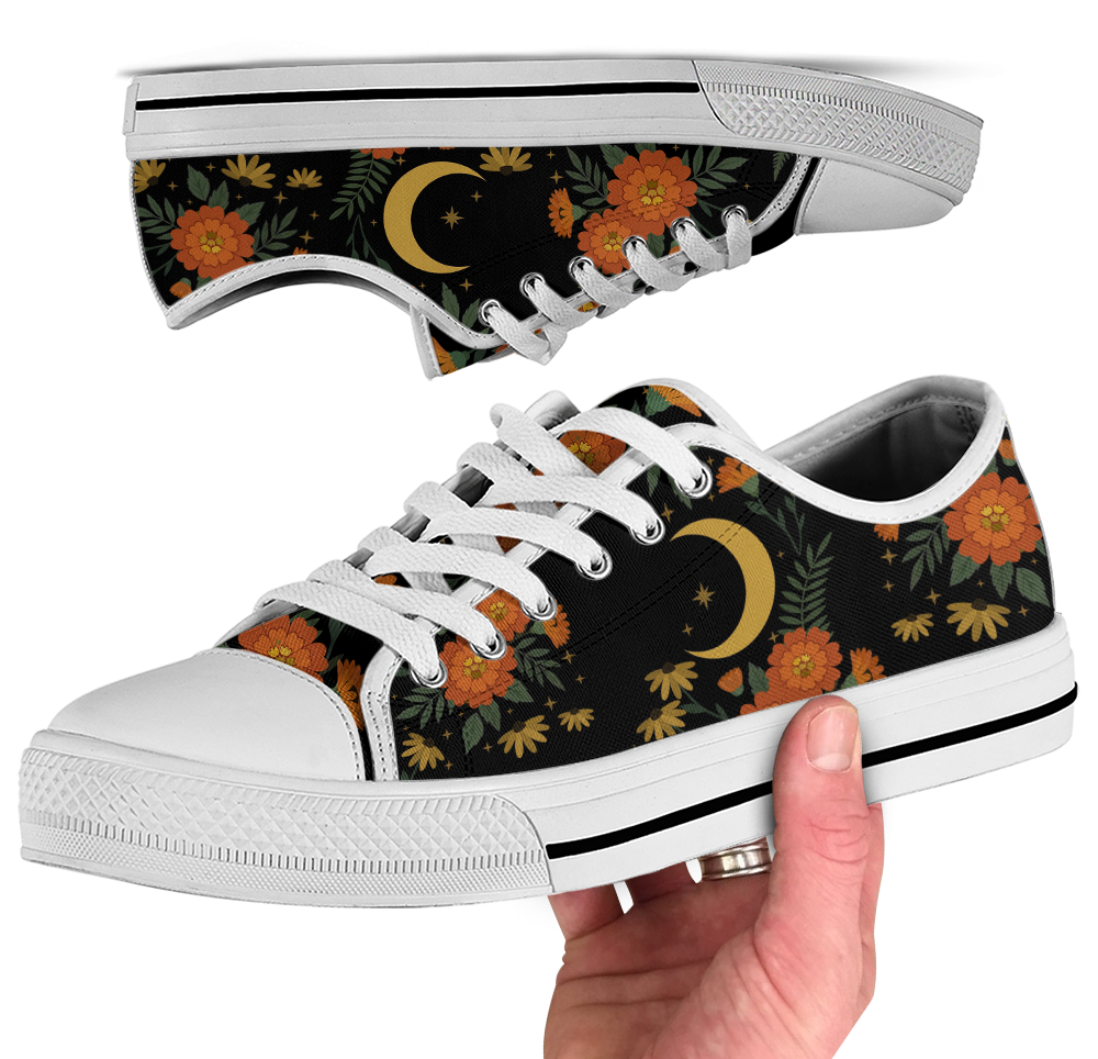 Calendula Low Tops - folk-art orange marigolds and daisies with crescent moon on black