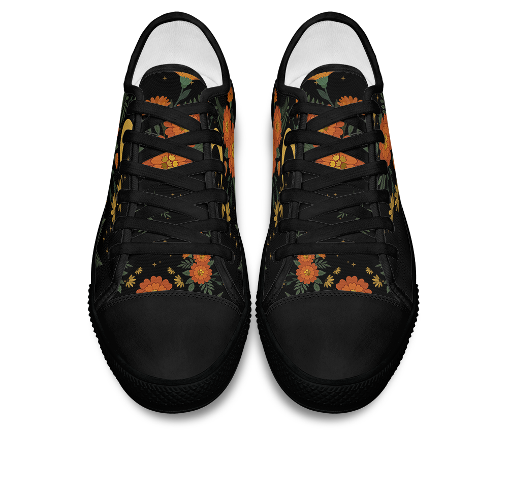 Calendula Low Tops - folk-art orange marigolds and daisies with crescent moon on black