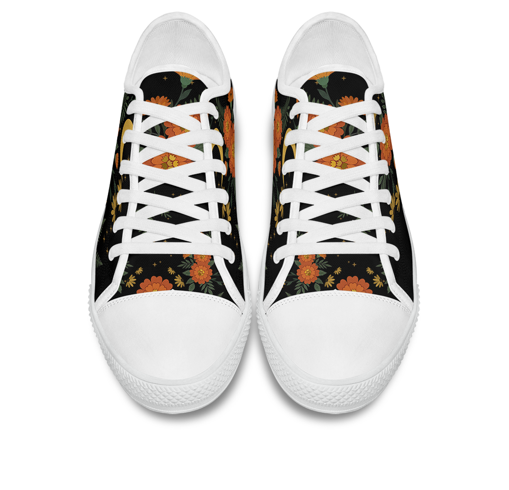 Calendula Low Tops - folk-art orange marigolds and daisies with crescent moon on black