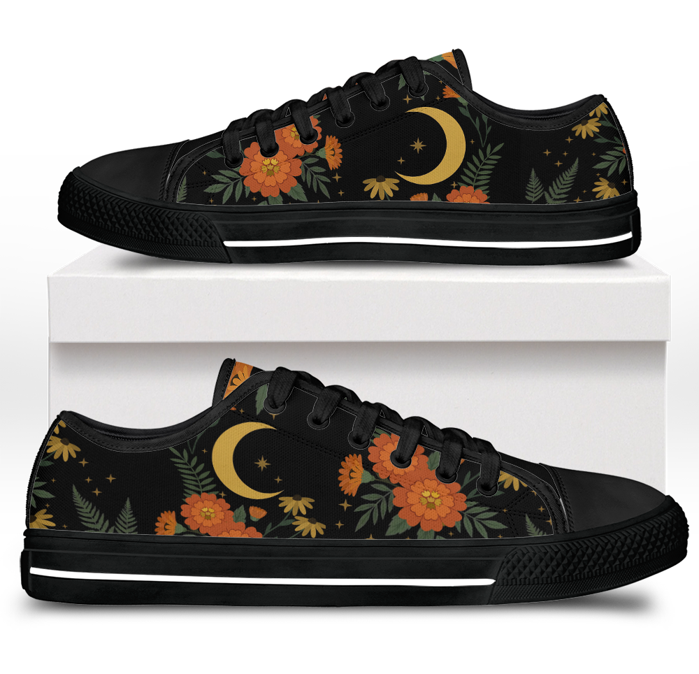 Calendula Low Tops - folk-art orange marigolds and daisies with crescent moon on black