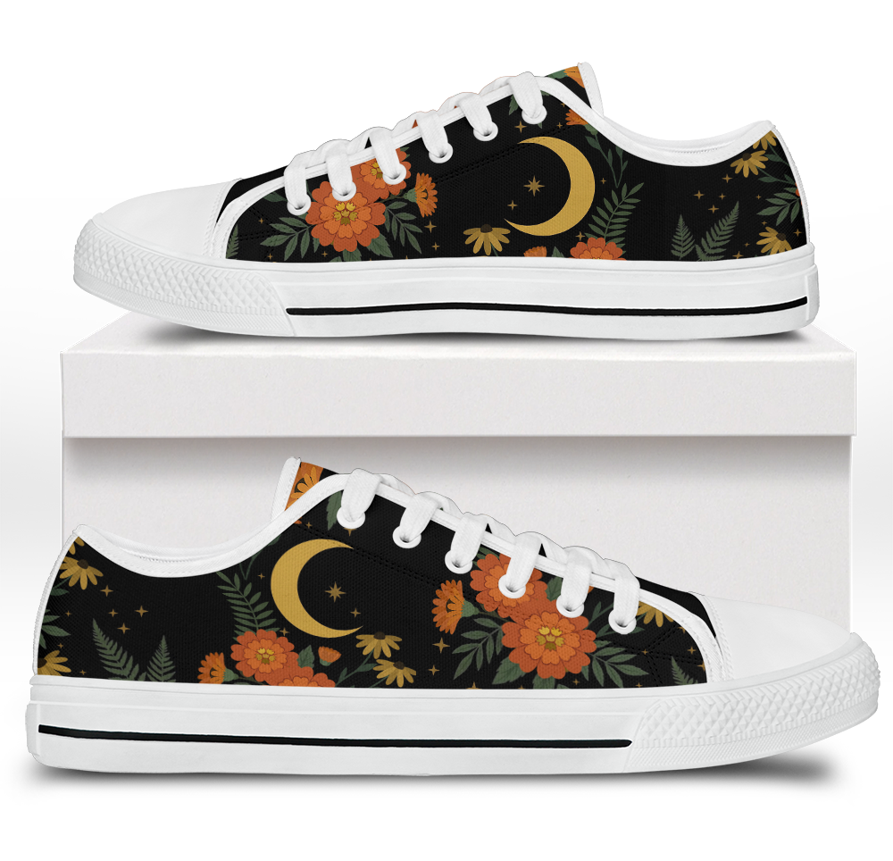 Calendula Low Tops - folk-art orange marigolds and daisies with crescent moon on black