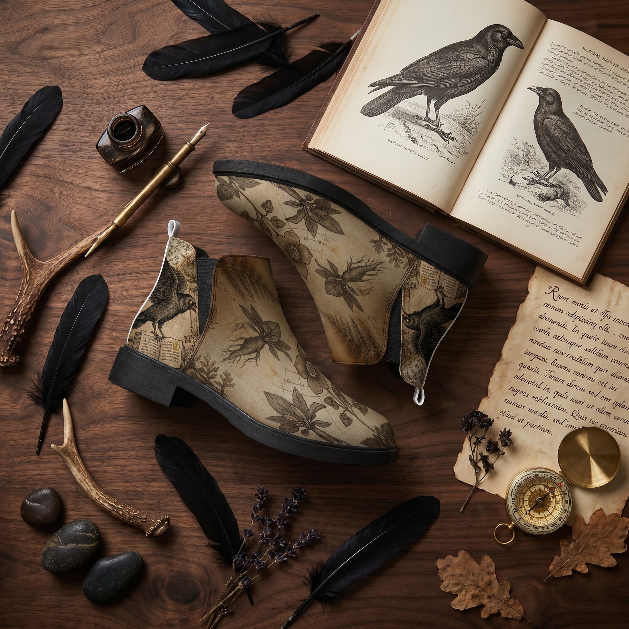 Corvus Chelsea Boots - vintage natural history flat lay with raven feathers ink quill antler