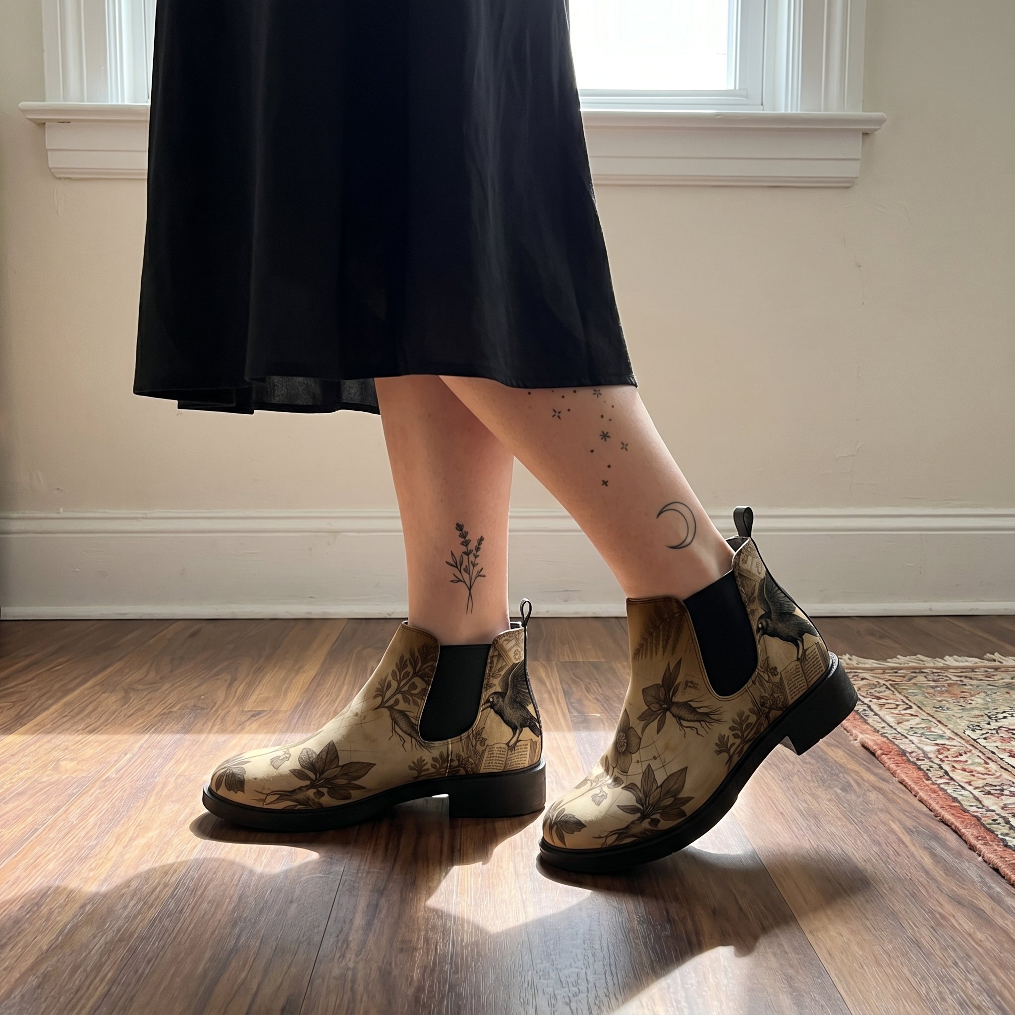 Corvus Chelsea Boots worn with black skirt indoor lifestyle