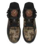 Corvus Hiking Boots — wax seal and mandrake grimoire print on aged parchment, top view