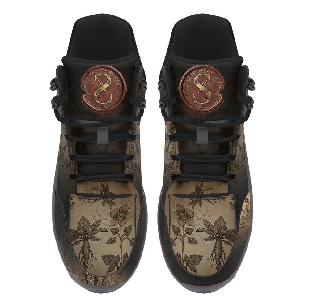 Corvus Hiking Boots — wax seal and mandrake grimoire print on aged parchment, top view
