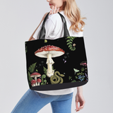 Digitalis Tote — front view with Amanita mushroom and snake print