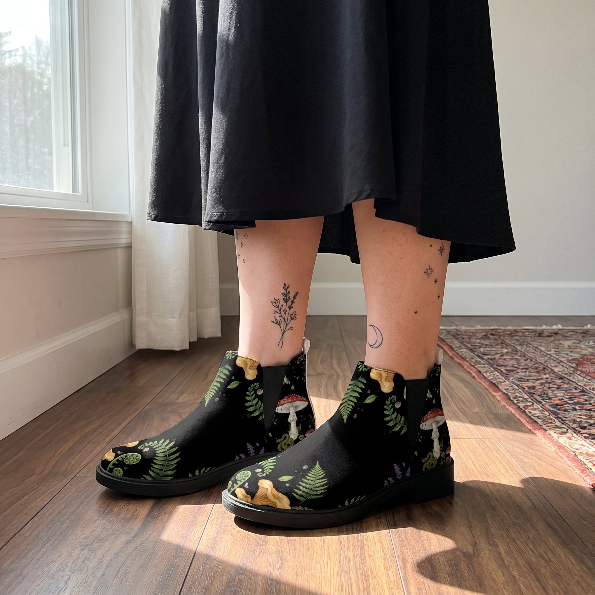 Digitalis Chelsea Boots worn with black skirt indoor lifestyle