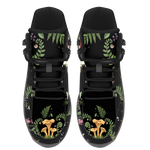 Digitalis Hiking Boots — chanterelle mushroom and fern forest floor print on black, top view