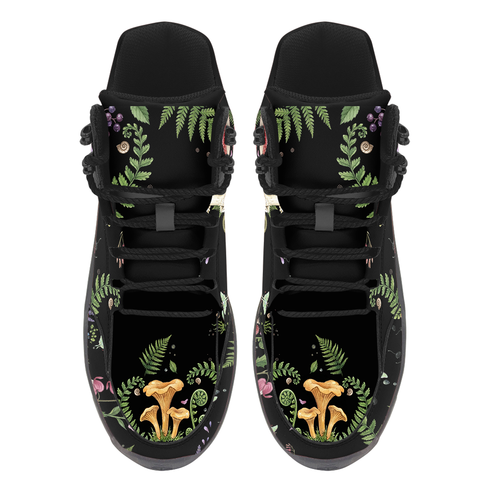 Digitalis Hiking Boots — chanterelle mushroom and fern forest floor print on black, top view